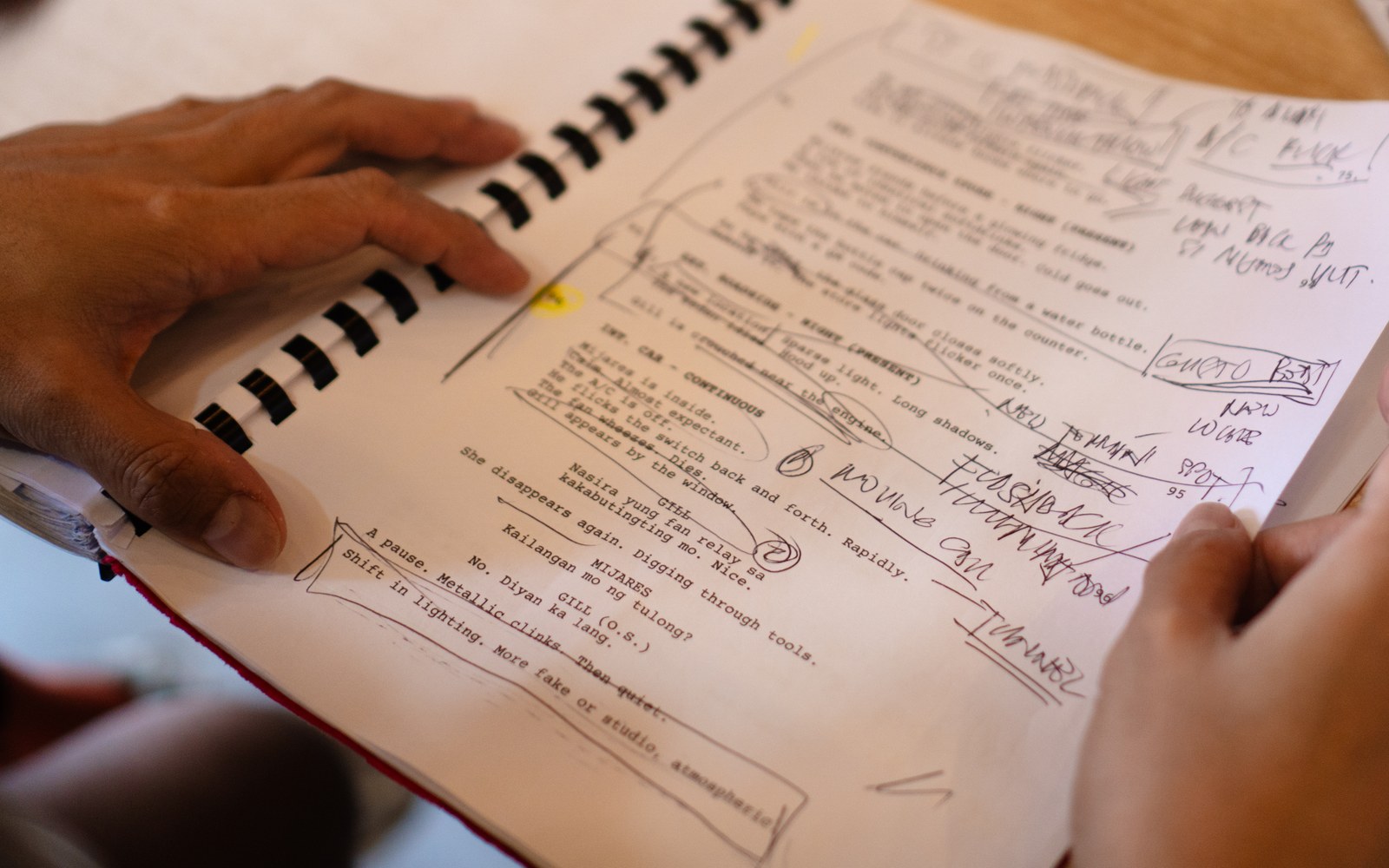 A hand-annotated script page from THE REMOTES, mid-revision